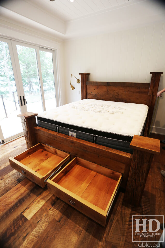 King Size Ontario Barnwood Bed we made for a Bigwin Island cottage - 2 Storage Drawers - Corner Beam Posts Option - Reclaimed Old Growth Hemlock Threshing Floor + Grainery Board Construction - Original edges + distressing kept - Mission Cast Brass Lee Valley Hardware - Matte polyurethane finish - www.table.ca