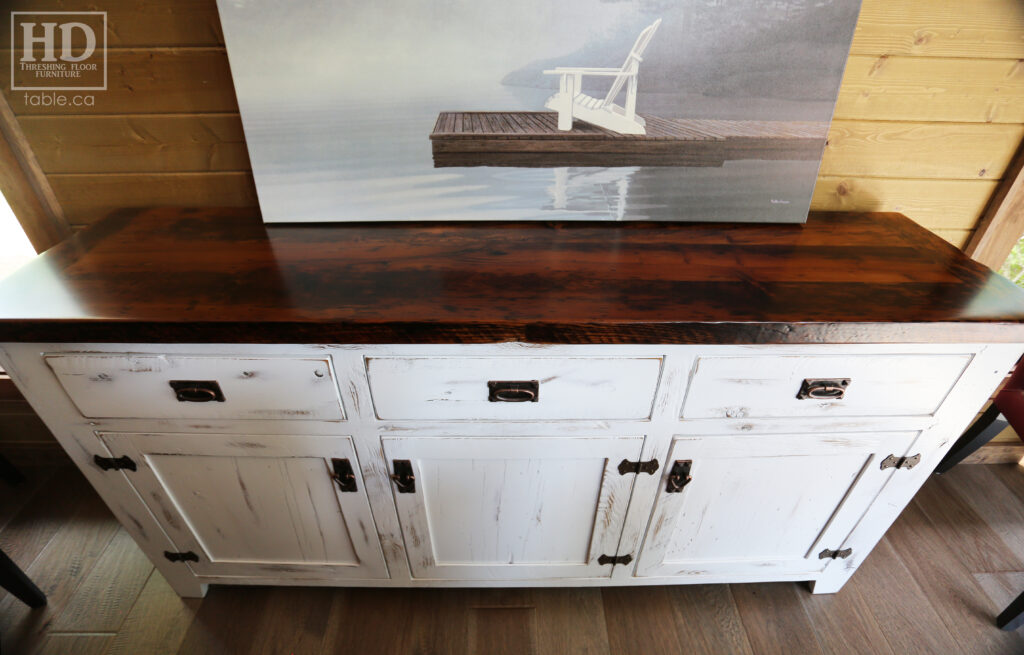 6' Ontario Barnwood Buffet we made for a Muskoka Cottage - 36" height - 18" deep - 3 Drawers / 3 Doors - Ajustable Shelving Inside - Reclaimed Old Growth Hemlock Threshing Floor + Grainery Board Construction - Original edges + distressing kept - White Painted with Sandthroughs Option Base - Mission Cast Brass Lee Valley Hardware - Premium epoxy + satin polyurethane finish - www.table.ca