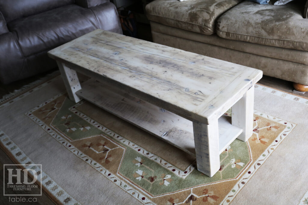 60" Ontario Barnwood Coffee Table we made for a Hamilton home - 20" wide - Straight 4"x4" Windbrace Beam Legs - Bottom 1" Grainery Board Shelf - Old Growth Reclaimed Hemlock Threshing Floor Construction - Original edges & distressing maintained - Premium epoxy + satin polyurethane finish - Bleached Option - www.table.ca