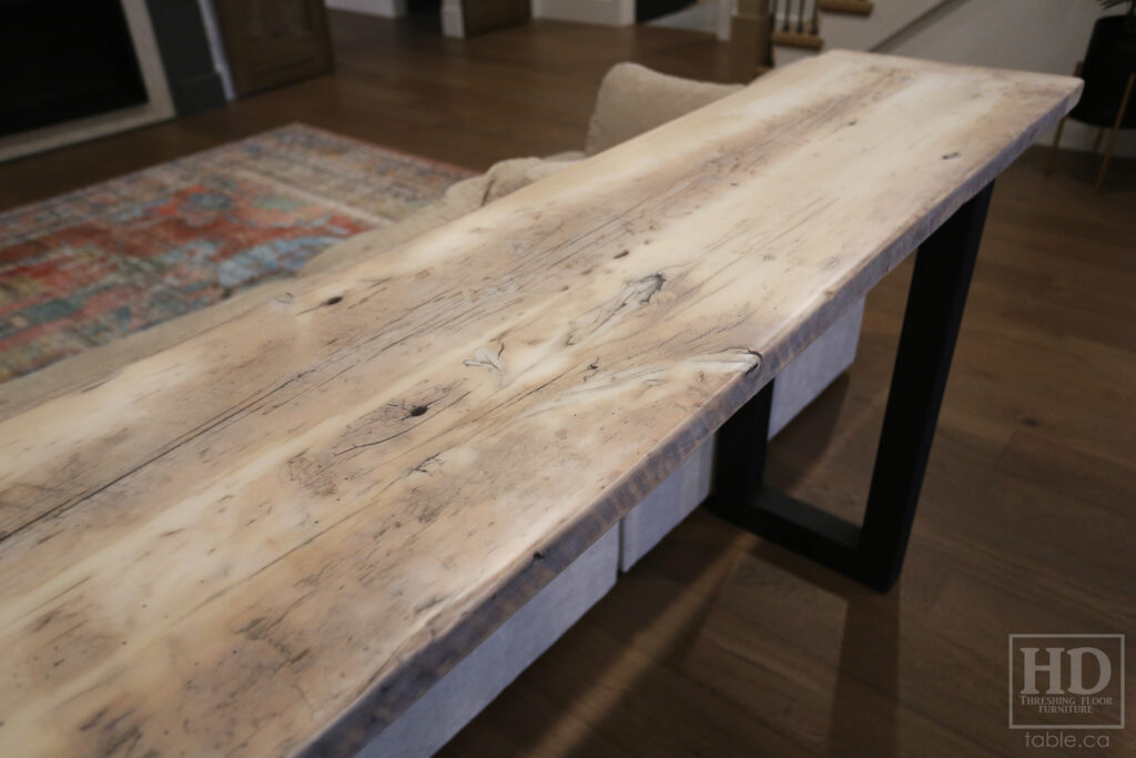 10' Ontario Barnwood Console Table - 18" deep - 36" height - Matte Black Metal Base - Reclaimed Old Growth Threshing Floor 2" Construction - Original edges & distressing maintained - Bleached Option - Premium epoxy + matte polyurethane finish / www.table.ca