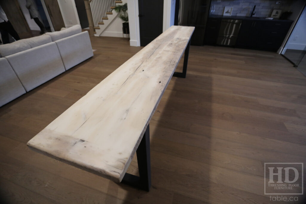 10' Ontario Barnwood Console Table - 18" deep - 36" height - Matte Black Metal Base - Reclaimed Old Growth Threshing Floor 2" Construction - Original edges & distressing maintained - Bleached Option - Premium epoxy + matte polyurethane finish / www.table.ca