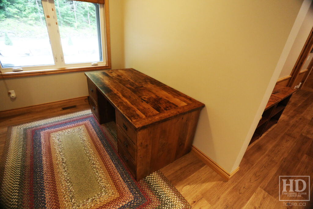 6' Custom Ontario Barnwood Desk - 36" wide - 2 Left Side Drawers - 3 Right Side Drawers - Old Growth Hemlock 2" Threshing Floor Construction - Threshing Floor Wall Drawers Boxes - Original edges & distressing maintained - Mission Cast Brass Lee Valley Hardware - Premium epoxy + matte polyurethane finish - www.table.ca