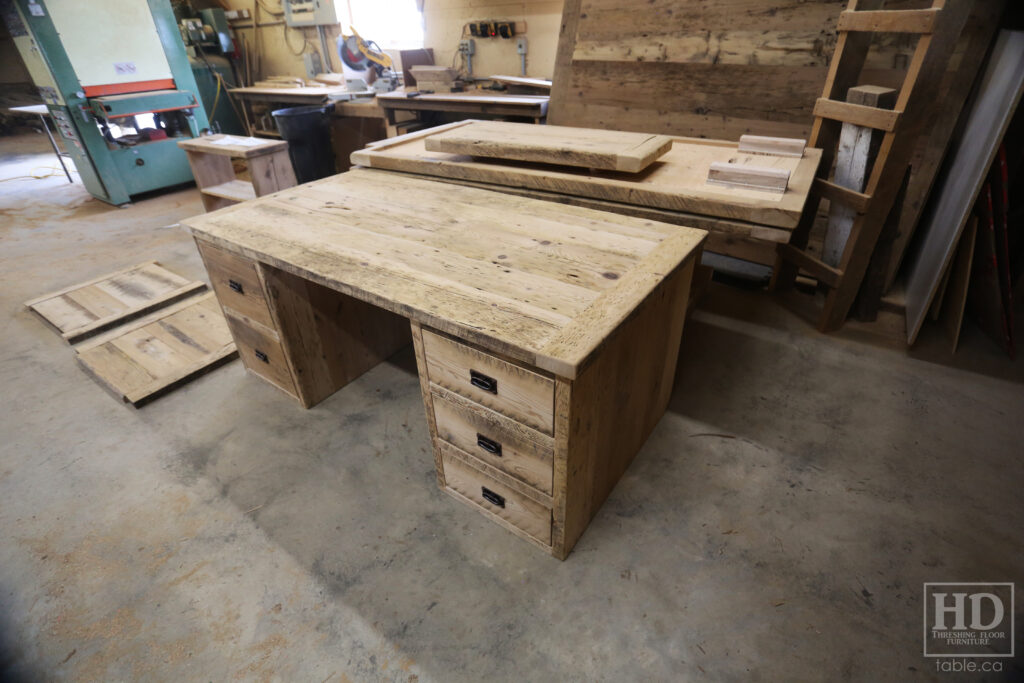 6' Custom Ontario Barnwood Desk - 36" wide - 2 Left Side Drawers - 3 Right Side Drawers - Old Growth Hemlock 2" Threshing Floor Construction - Threshing Floor Wall Drawers Boxes - Original edges & distressing maintained - Mission Cast Brass Lee Valley Hardware - Premium epoxy + matte polyurethane finish - www.table.ca