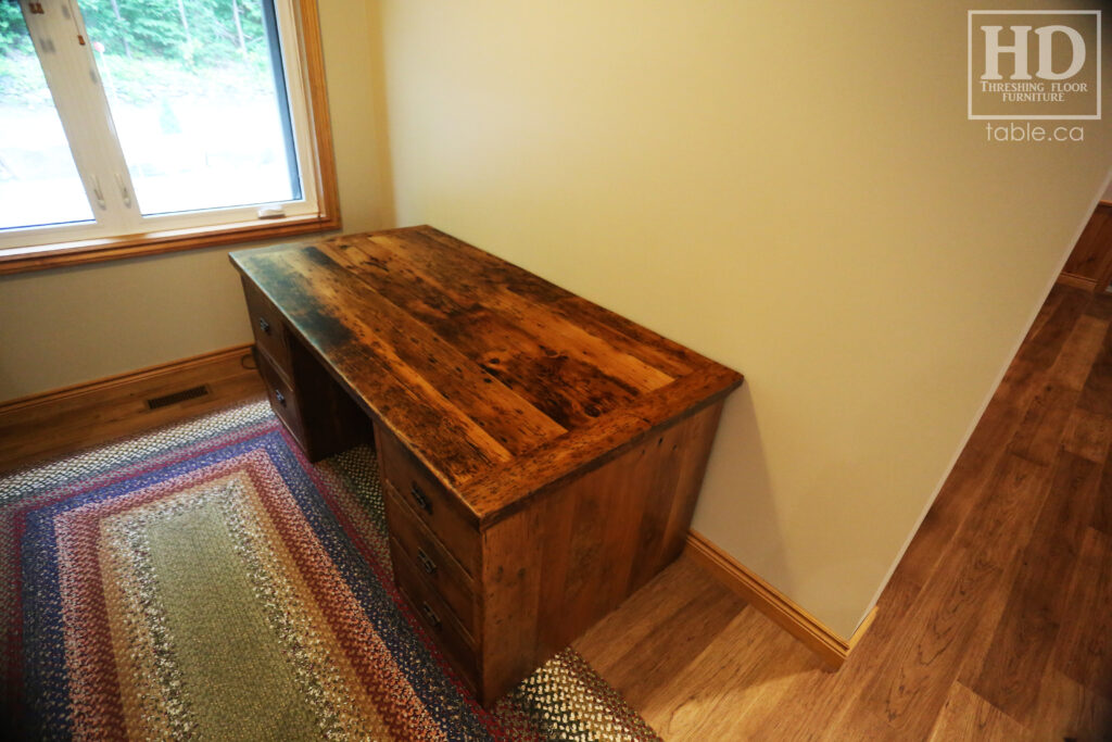 6' Custom Ontario Barnwood Desk - 36" wide - 2 Left Side Drawers - 3 Right Side Drawers - Privacy Hanging Board Between Drawer Boxes - Old Growth Hemlock 2" Threshing Floor Construction - Threshing Floor Wall Drawers Boxes - Original edges & distressing maintained - Mission Cast Brass Lee Valley Hardware - Premium epoxy + matte polyurethane finish - www.table.ca