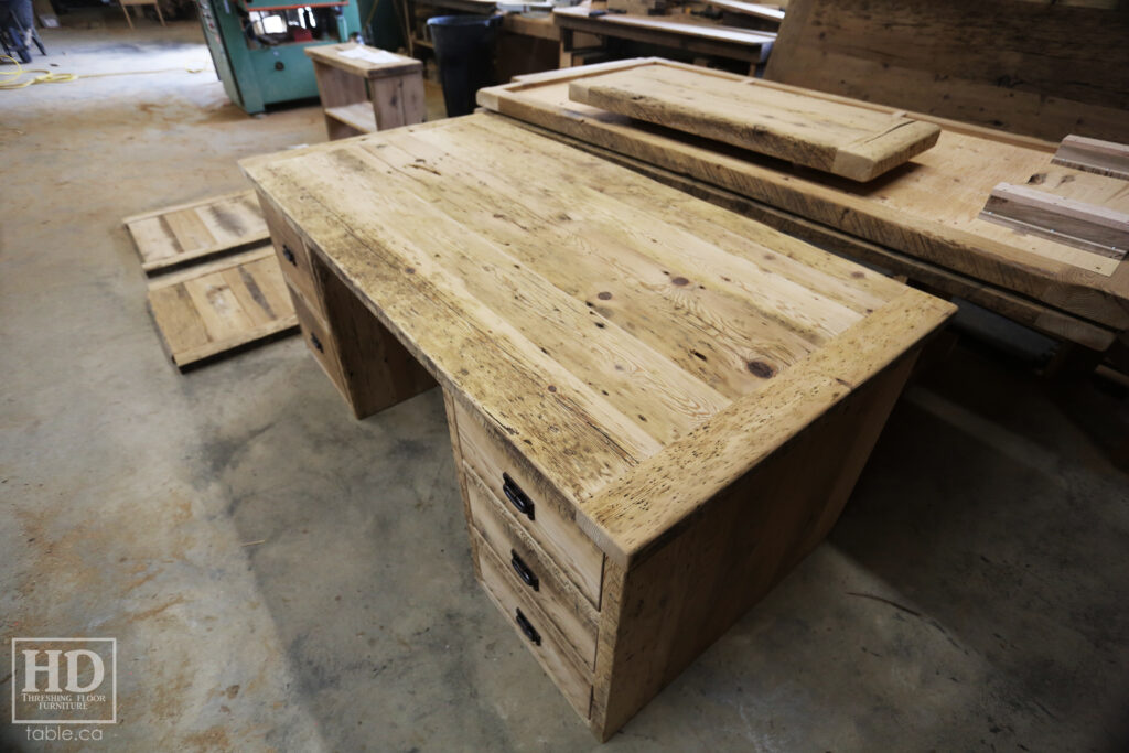 6' Custom Ontario Barnwood Desk - 36" wide - 2 Left Side Drawers - 3 Right Side Drawers - Old Growth Hemlock 2" Threshing Floor Construction - Threshing Floor Wall Drawers Boxes - Original edges & distressing maintained - Mission Cast Brass Lee Valley Hardware - Premium epoxy + matte polyurethane finish - www.table.ca