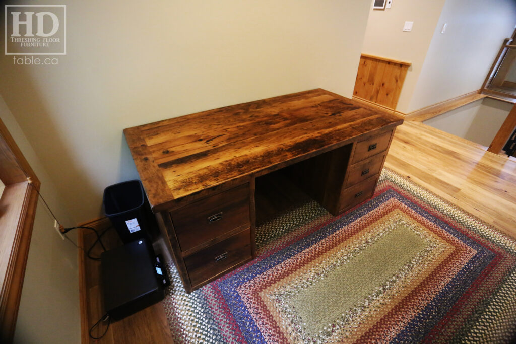 6' Custom Ontario Barnwood Desk - 36" wide - 2 Left Side Drawers - 3 Right Side Drawers - Old Growth Hemlock 2" Threshing Floor Construction - Threshing Floor Wall Drawers Boxes - Original edges & distressing maintained - Mission Cast Brass Lee Valley Hardware - Premium epoxy + matte polyurethane finish - www.table.ca