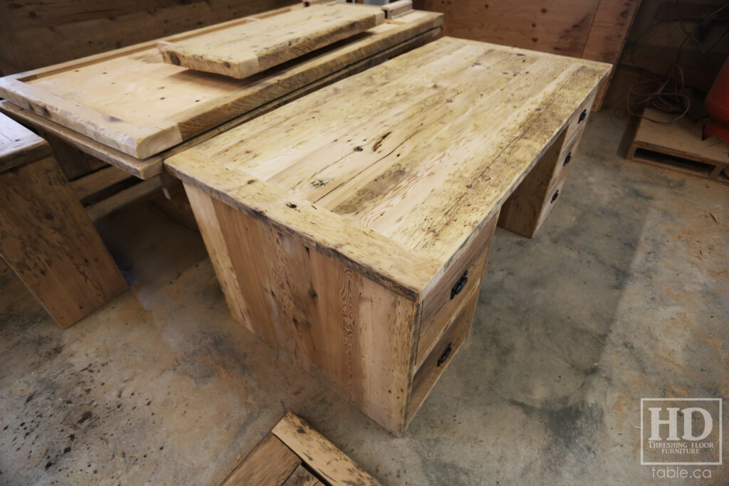 6' Custom Ontario Barnwood Desk - 36" wide - 2 Left Side Drawers - 3 Right Side Drawers - Old Growth Hemlock 2" Threshing Floor Construction - Threshing Floor Wall Drawers Boxes - Original edges & distressing maintained - Mission Cast Brass Lee Valley Hardware - Premium epoxy + matte polyurethane finish - www.table.ca