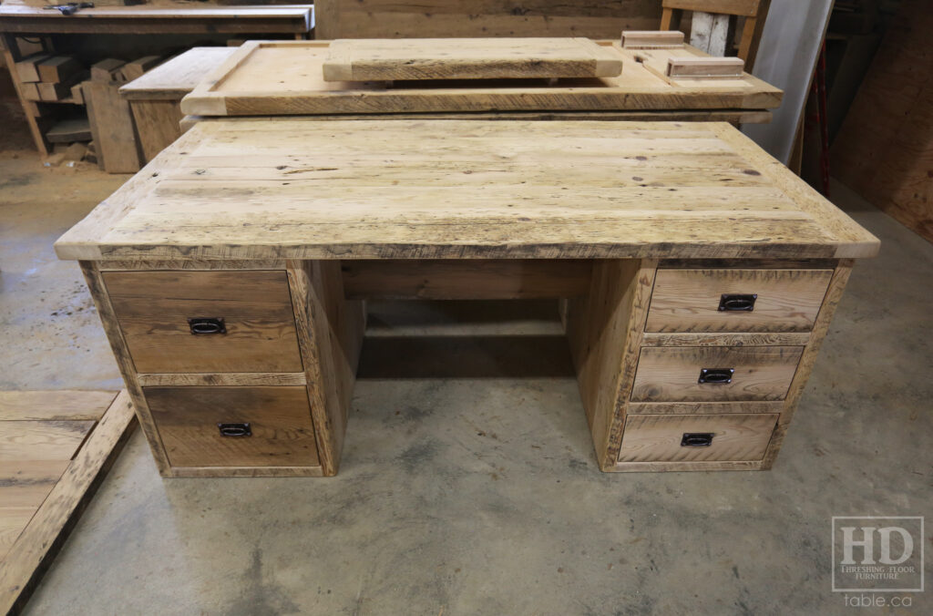 6' Custom Ontario Barnwood Desk - 36" wide - 2 Left Side Drawers - 3 Right Side Drawers - Old Growth Hemlock 2" Threshing Floor Construction - Threshing Floor Wall Drawers Boxes - Original edges & distressing maintained - Mission Cast Brass Lee Valley Hardware - Premium epoxy + matte polyurethane finish - www.table.ca