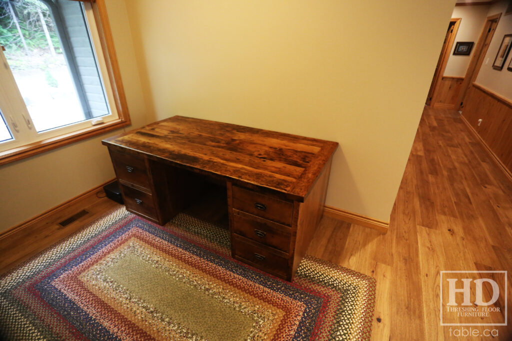 6' Custom Ontario Barnwood Desk - 36" wide - 2 Left Side Drawers - 3 Right Side Drawers - Old Growth Hemlock 2" Threshing Floor Construction - Threshing Floor Wall Drawers Boxes - Original edges & distressing maintained - Mission Cast Brass Lee Valley Hardware - Premium epoxy + matte polyurethane finish - www.table.ca