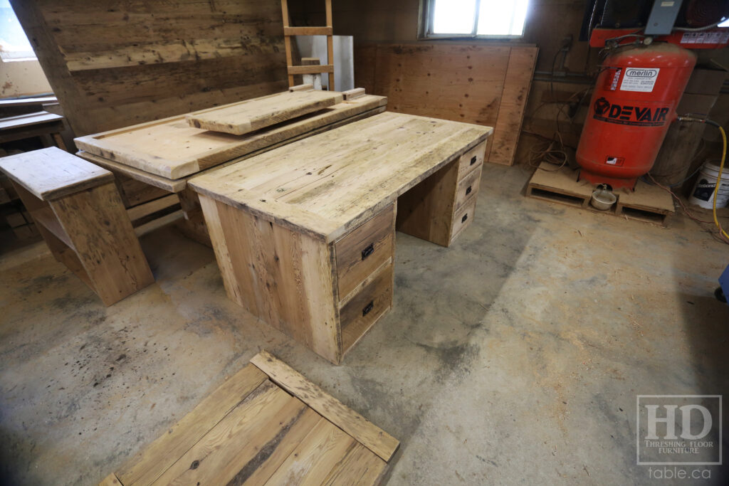 6' Custom Ontario Barnwood Desk - 36" wide - 2 Left Side Drawers - 3 Right Side Drawers - Old Growth Hemlock 2" Threshing Floor Construction - Threshing Floor Wall Drawers Boxes - Original edges & distressing maintained - Mission Cast Brass Lee Valley Hardware - Premium epoxy + matte polyurethane finish - www.table.ca