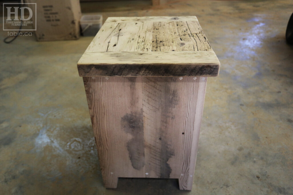 20" x 16" Ontario Barnwood End Tables we made for a Toronto home - 24" height - 1 Door / Adjustable Internal Shelving - Old Growth Hemlock Threshing Floor Construction - Original edges & distressing maintained - Premium epoxy + matte polyurethane finish / www.table.ca