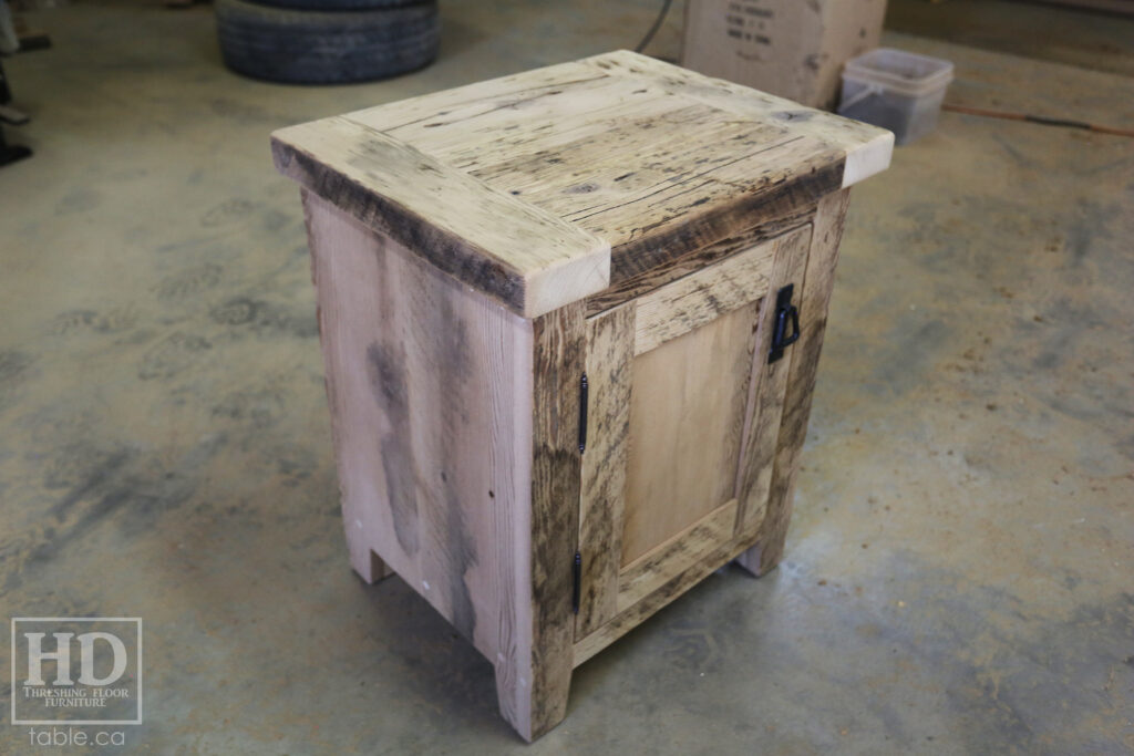 20" x 16" Ontario Barnwood End Tables we made for a Toronto home - 24" height - 1 Door / Adjustable Internal Shelving - Old Growth Hemlock Threshing Floor Construction - Original edges & distressing maintained - Premium epoxy + matte polyurethane finish / www.table.ca