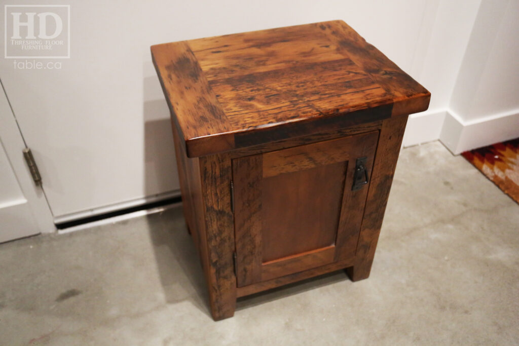 20" x 16" Ontario Barnwood End Tables we made for a Toronto home - 24" height - 1 Door / Adjustable Internal Shelving - Old Growth Hemlock Threshing Floor Construction - Original edges & distressing maintained - Premium epoxy + matte polyurethane finish / www.table.ca