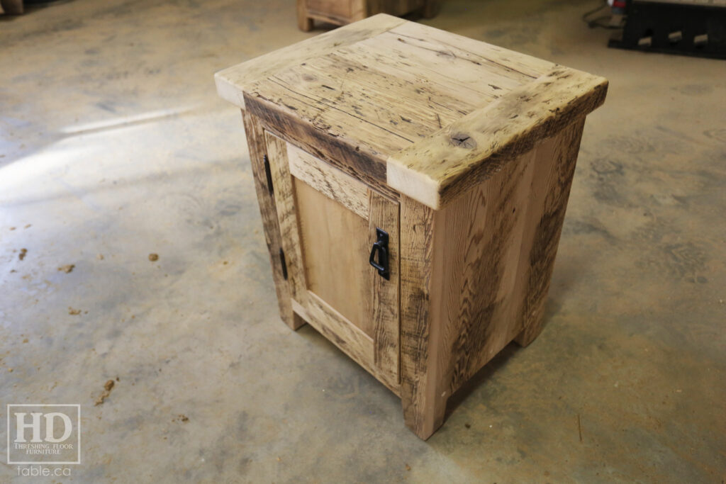 20" x 16" Ontario Barnwood End Tables we made for a Toronto home - 24" height - 1 Door / Adjustable Internal Shelving - Old Growth Hemlock Threshing Floor Construction - Original edges & distressing maintained - Premium epoxy + matte polyurethane finish / www.table.ca