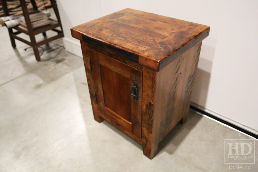 20" x 16" Ontario Barnwood End Tables we made for a Toronto home - 24" height - 1 Door / Adjustable Internal Shelving - Old Growth Hemlock Threshing Floor Construction - Original edges & distressing maintained - Premium epoxy + matte polyurethane finish / www.table.ca