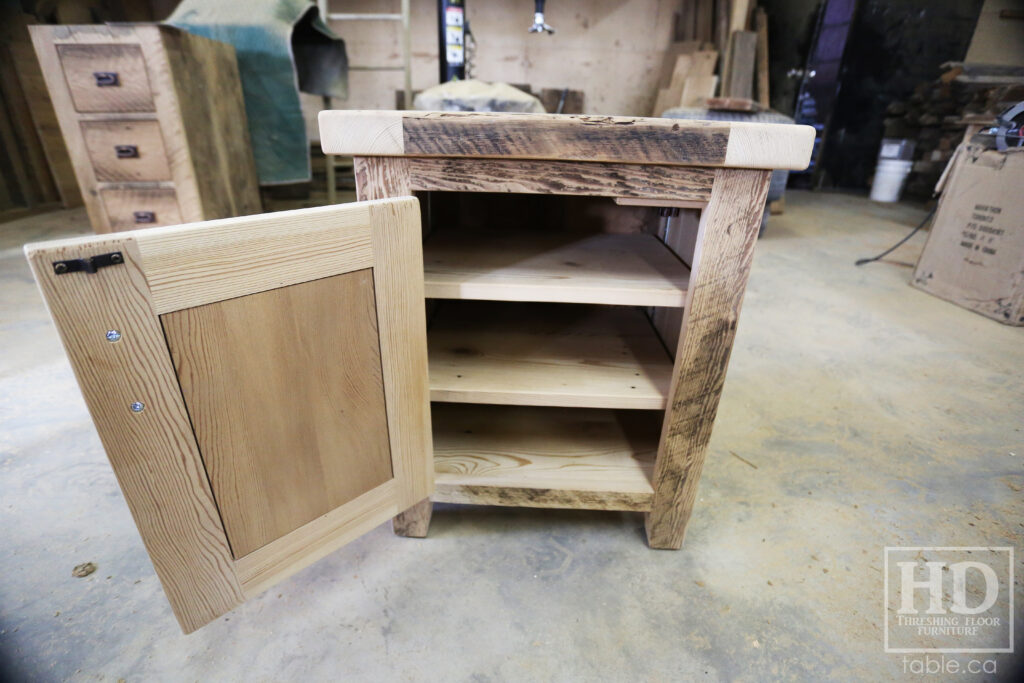 20" x 16" Ontario Barnwood End Tables we made for a Toronto home - 24" height - 1 Door / Adjustable Internal Shelving - Old Growth Hemlock Threshing Floor Construction - Original edges & distressing maintained - Premium epoxy + matte polyurethane finish / www.table.ca