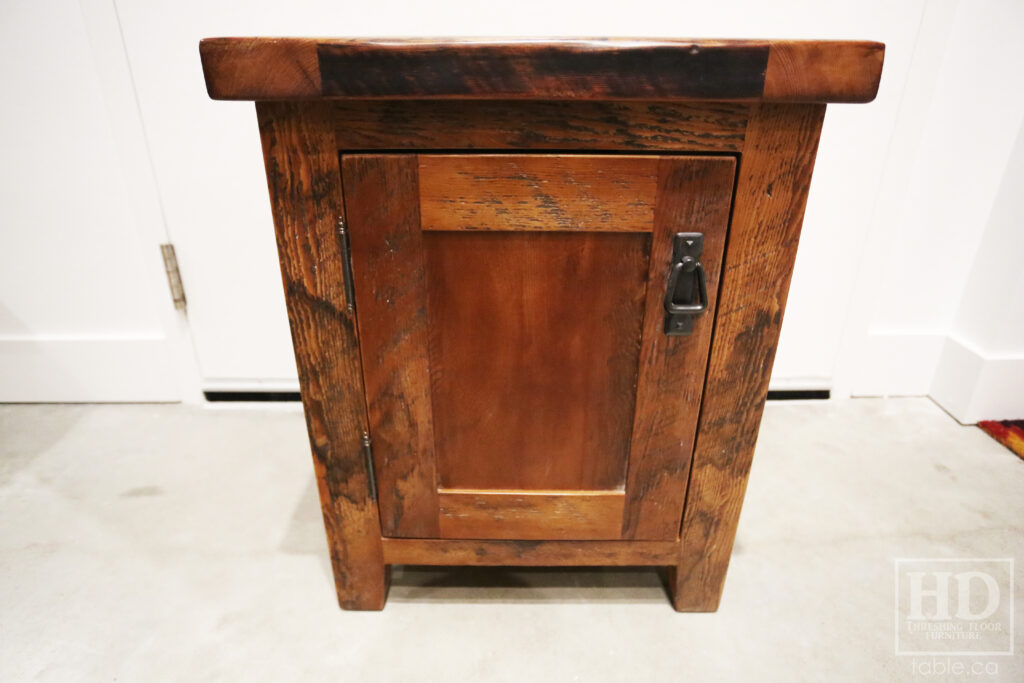 20" x 16" Ontario Barnwood End Tables we made for a Toronto home - 24" height - 1 Door / Adjustable Internal Shelving - Old Growth Hemlock Threshing Floor Construction - Original edges & distressing maintained - Premium epoxy + matte polyurethane finish / www.table.ca