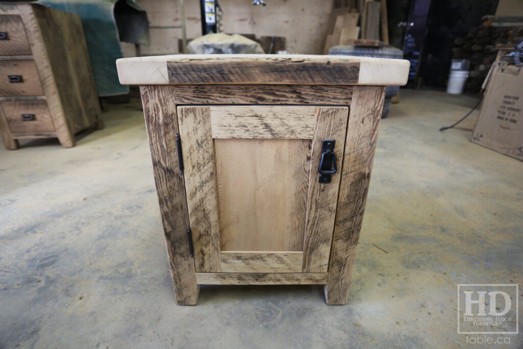 20" x 16" Ontario Barnwood End Tables we made for a Toronto home - 24" height - 1 Door / Adjustable Internal Shelving - Old Growth Hemlock Threshing Floor Construction - Original edges & distressing maintained - Premium epoxy + matte polyurethane finish / www.table.ca