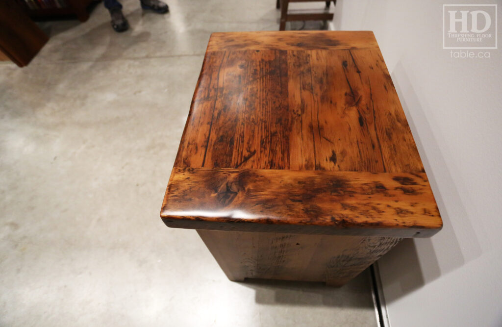 20" x 16" Ontario Barnwood End Tables we made for a Toronto home - 24" height - 1 Door / Adjustable Internal Shelving - Old Growth Hemlock Threshing Floor Construction - Original edges & distressing maintained - Premium epoxy + matte polyurethane finish / www.table.ca