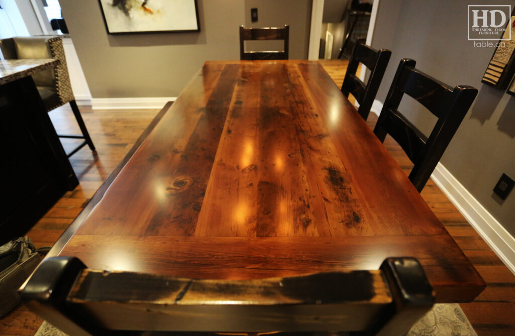 7' Reclaimed Ontario Barnwood Table we made for a Pickering home - 38" wide - Extra thick 3" top option - Harvest Base: Straight 4"x4" Windbrace Beam Legs [Black Painted Skirting & Legs Option] - Old Growth Hemlock Threshing Floor Construction - Original edges & distressing maintained - Premium epoxy + satin polyurethane finish - 6' [matching] Trestle Bench - www.table.ca