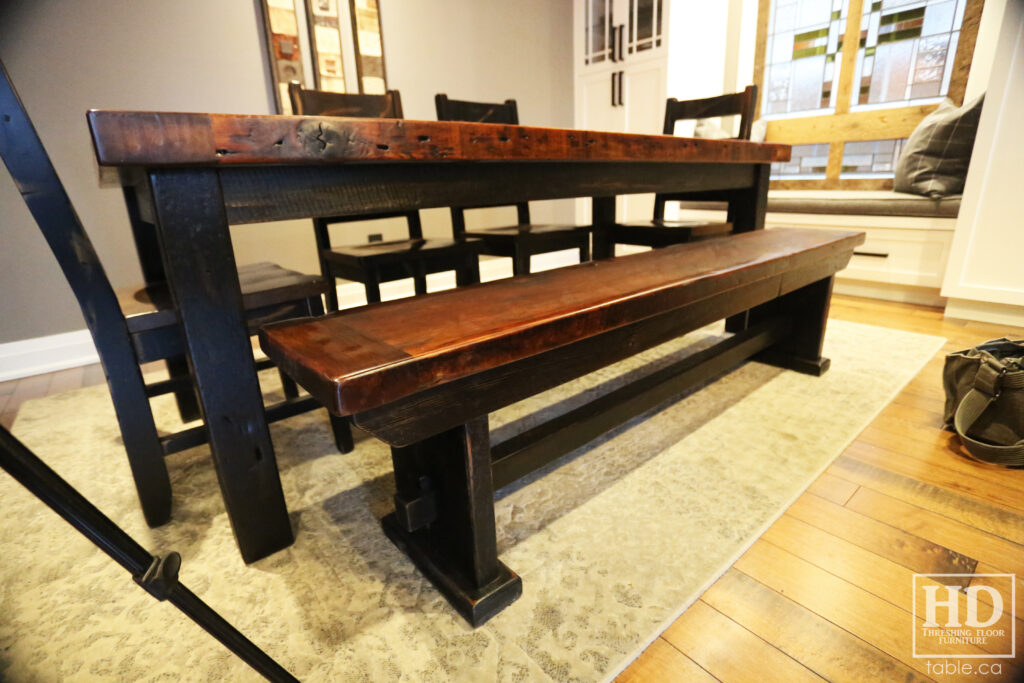 7' Reclaimed Ontario Barnwood Table we made for a Pickering home - 38" wide - Extra thick 3" top option - Harvest Base: Straight 4"x4" Windbrace Beam Legs [Black Painted Skirting & Legs Option] - Old Growth Hemlock Threshing Floor Construction - Original edges & distressing maintained - Premium epoxy + satin polyurethane finish - 6' [matching] Trestle Bench - Ladder Back Chairs - www.table.ca