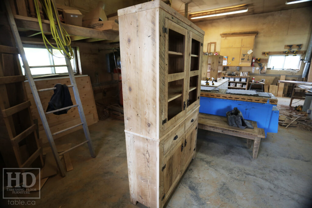 4' Wide Ontario Barnwood Hutch we made for a Burlington home - 76" height - 14 3/4" deep - 2" Threshing Floor Crown - Painted White with Slight Sandthroughs finish - Reclaimed Old Growth Hemlock Threshing Floor + Grainery Board Construction - Original edges + distressing kept - Mission Cast Brass Lee Valley Hardware - Satin polyurethane finish - www.table.ca 