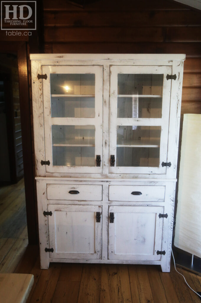 4' Wide Ontario Barnwood Hutch we made for a Burlington home - 76" height - 14 3/4" deep - 2" Threshing Floor Crown - Painted White with Slight Sandthroughs finish - Reclaimed Old Growth Hemlock Threshing Floor + Grainery Board Construction - Original edges + distressing kept - Mission Cast Brass Lee Valley Hardware - Satin polyurethane finish - www.table.ca 