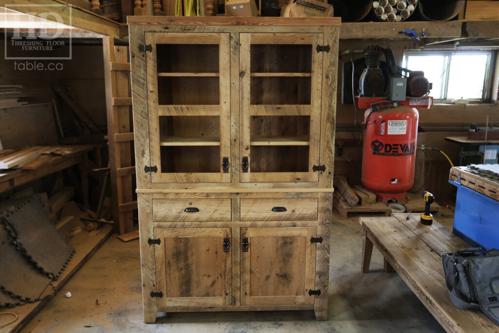 4' Wide Ontario Barnwood Hutch we made for a Burlington home - 76" height - 14 3/4" deep - 2" Threshing Floor Crown - Painted White with Slight Sandthroughs finish - Reclaimed Old Growth Hemlock Threshing Floor + Grainery Board Construction - Original edges + distressing kept - Mission Cast Brass Lee Valley Hardware - Satin polyurethane finish - www.table.ca 