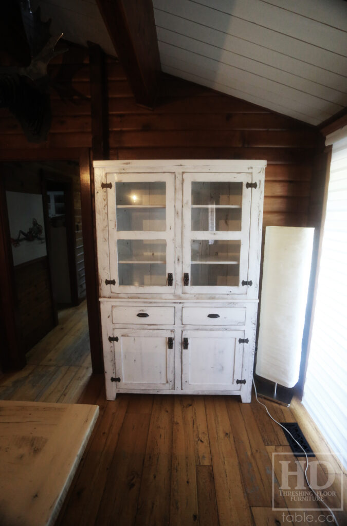 4' Wide Ontario Barnwood Hutch we made for a Burlington home - 76" height - 14 3/4" deep - 2" Threshing Floor Crown - Painted White with Slight Sandthroughs finish - Reclaimed Old Growth Hemlock Threshing Floor + Grainery Board Construction - Original edges + distressing kept - Mission Cast Brass Lee Valley Hardware - Satin polyurethane finish - www.table.ca 