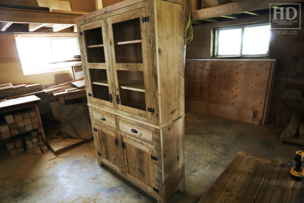 4' Wide Ontario Barnwood Hutch we made for a Burlington home - 76" height - 14 3/4" deep - 2" Threshing Floor Crown - Painted White with Slight Sandthroughs finish - Reclaimed Old Growth Hemlock Threshing Floor + Grainery Board Construction - Original edges + distressing kept - Mission Cast Brass Lee Valley Hardware - Satin polyurethane finish - www.table.ca 