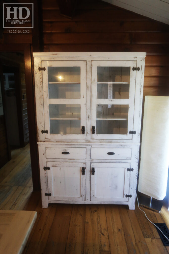 4' Wide Ontario Barnwood Hutch we made for a Burlington home - 76" height - 14 3/4" deep - 2" Threshing Floor Crown - Painted White with Slight Sandthroughs finish - Reclaimed Old Growth Hemlock Threshing Floor + Grainery Board Construction - Original edges + distressing kept - Mission Cast Brass Lee Valley Hardware - Satin polyurethane finish - www.table.ca 