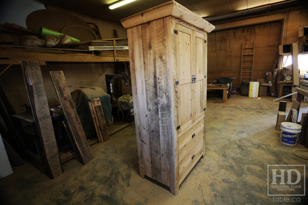 7' Height Ontario Barnwood Hutch we made for a Muskoka home - 48" wide - 24" deep - 2 Top Doors / 2 Bottom Drawers - Adjustable Internal Shelving + Hanging Closet - Windbrace Beam Crown Molding - Reclaimed Old Growth Grainery Board Construction - Original edges + distressing kept - Mission Cast Brass Lee Valley Hardware - Satin polyurethane finish - www.table.ca