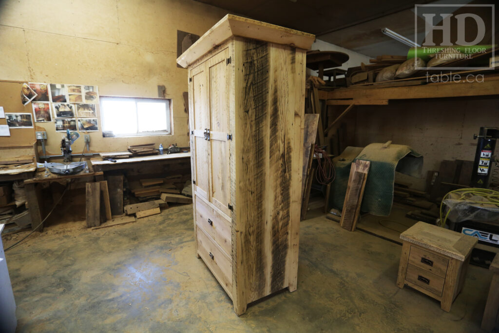 7' Height Ontario Barnwood Hutch we made for a Muskoka home - 48" wide - 24" deep - 2 Top Doors / 2 Bottom Drawers - Adjustable Internal Shelving + Hanging Closet - Windbrace Beam Crown Molding - Reclaimed Old Growth Grainery Board Construction - Original edges + distressing kept - Mission Cast Brass Lee Valley Hardware - Satin polyurethane finish - www.table.ca