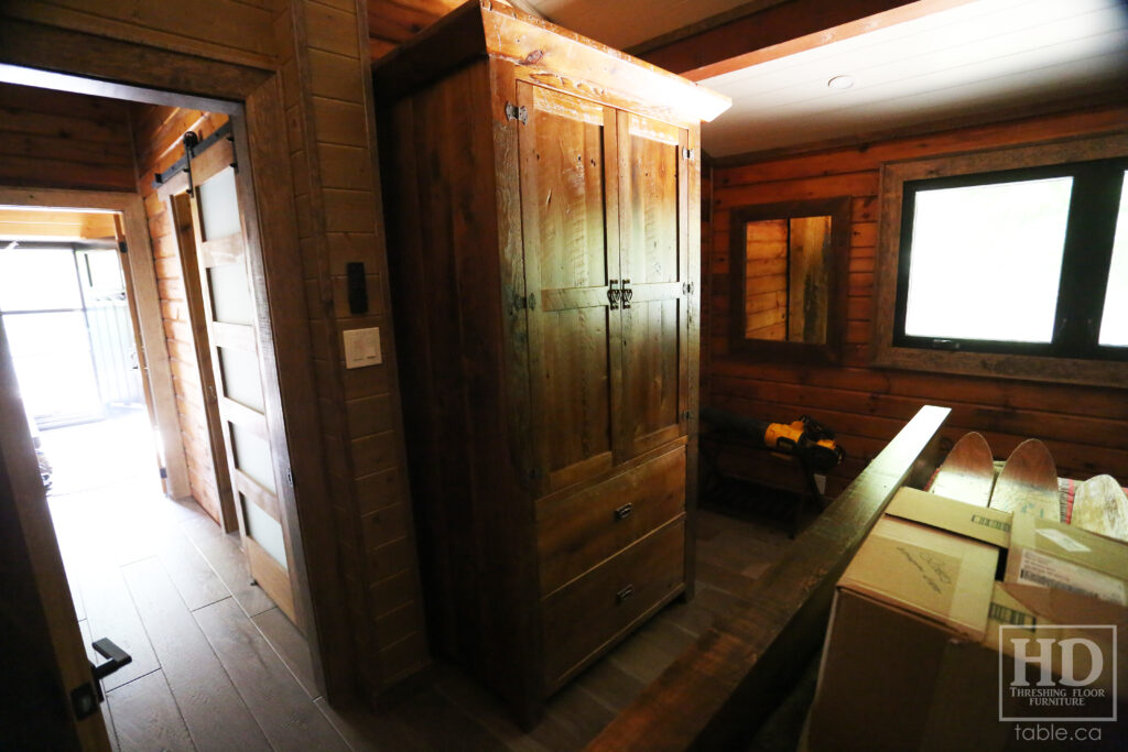 7' Height Ontario Barnwood Hutch we made for a Muskoka home - 48" wide - 24" deep - 2 Top Doors / 2 Bottom Drawers - Adjustable Internal Shelving + Hanging Closet - Windbrace Beam Crown Molding - Reclaimed Old Growth Grainery Board Construction - Original edges + distressing kept - Mission Cast Brass Lee Valley Hardware - Satin polyurethane finish - www.table.ca