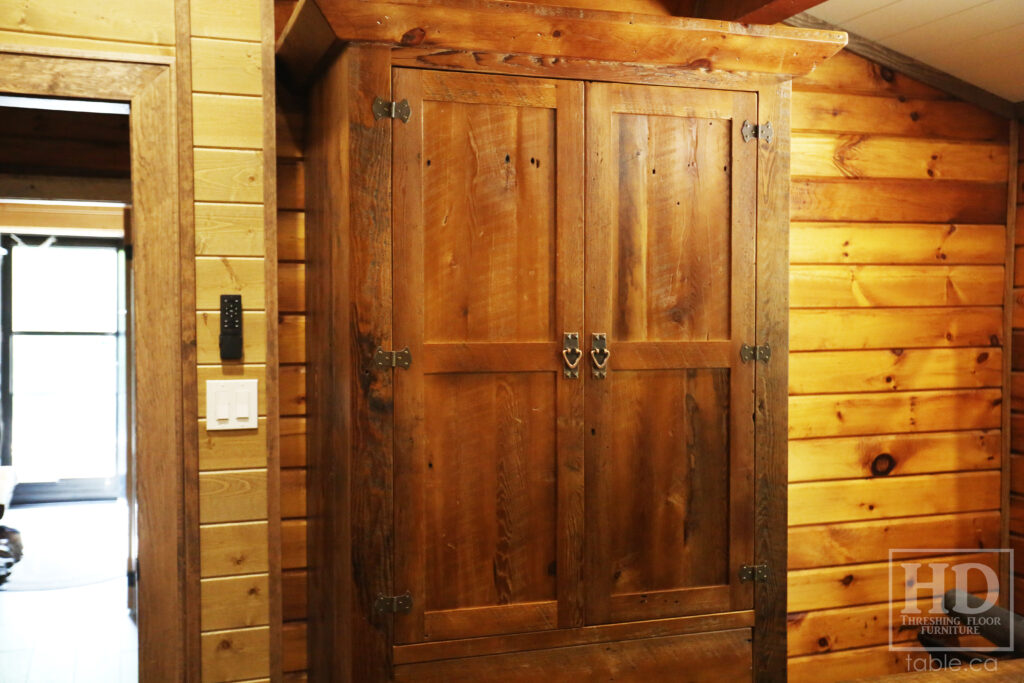 7' Height Ontario Barnwood Hutch we made for a Muskoka home - 48" wide - 24" deep - 2 Top Doors / 2 Bottom Drawers - Adjustable Internal Shelving + Hanging Closet - Windbrace Beam Crown Molding - Reclaimed Old Growth Grainery Board Construction - Original edges + distressing kept - Mission Cast Brass Lee Valley Hardware - Satin polyurethane finish - www.table.ca