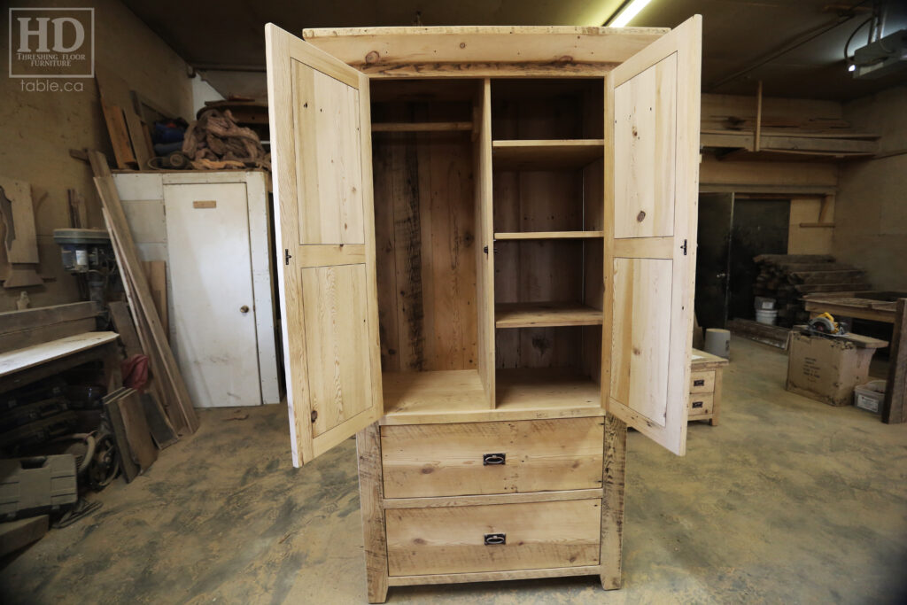 7' Height Ontario Barnwood Hutch we made for a Muskoka home - 48" wide - 24" deep - 2 Top Doors / 2 Bottom Drawers - Adjustable Internal Shelving + Hanging Closet - Windbrace Beam Crown Molding - Reclaimed Old Growth Grainery Board Construction - Original edges + distressing kept - Mission Cast Brass Lee Valley Hardware - Satin polyurethane finish - www.table.ca