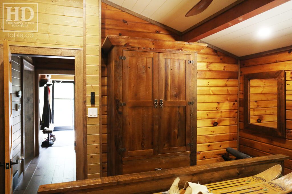 7' Height Ontario Barnwood Hutch we made for a Muskoka home - 48" wide - 24" deep - 2 Top Doors / 2 Bottom Drawers - Adjustable Internal Shelving + Hanging Closet - Windbrace Beam Crown Molding - Reclaimed Old Growth Grainery Board Construction - Original edges + distressing kept - Mission Cast Brass Lee Valley Hardware - Satin polyurethane finish - www.table.ca