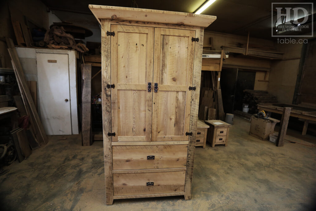 7' Height Ontario Barnwood Hutch we made for a Muskoka home - 48" wide - 24" deep - 2 Top Doors / 2 Bottom Drawers - Adjustable Internal Shelving + Hanging Closet - Windbrace Beam Crown Molding - Reclaimed Old Growth Grainery Board Construction - Original edges + distressing kept - Mission Cast Brass Lee Valley Hardware - Satin polyurethane finish - www.table.ca