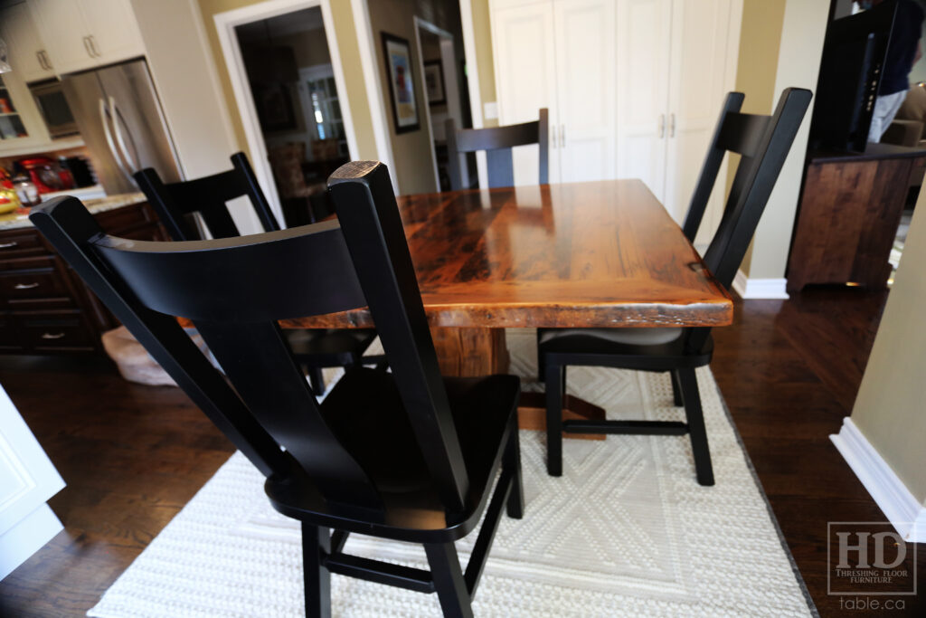 48" x 48" Ontario Barnwood Table we made for an Oakville home - Hand-Hewn Pedestal Post - Old Growth Reclaimed Hemlock Threshing Floor Construction - Original edges & distressing maintained - Premium epoxy + satin polyurethane finish - 4 Plank Back Chairs / Wormy Maple / Painted Solid Black - www.table.ca