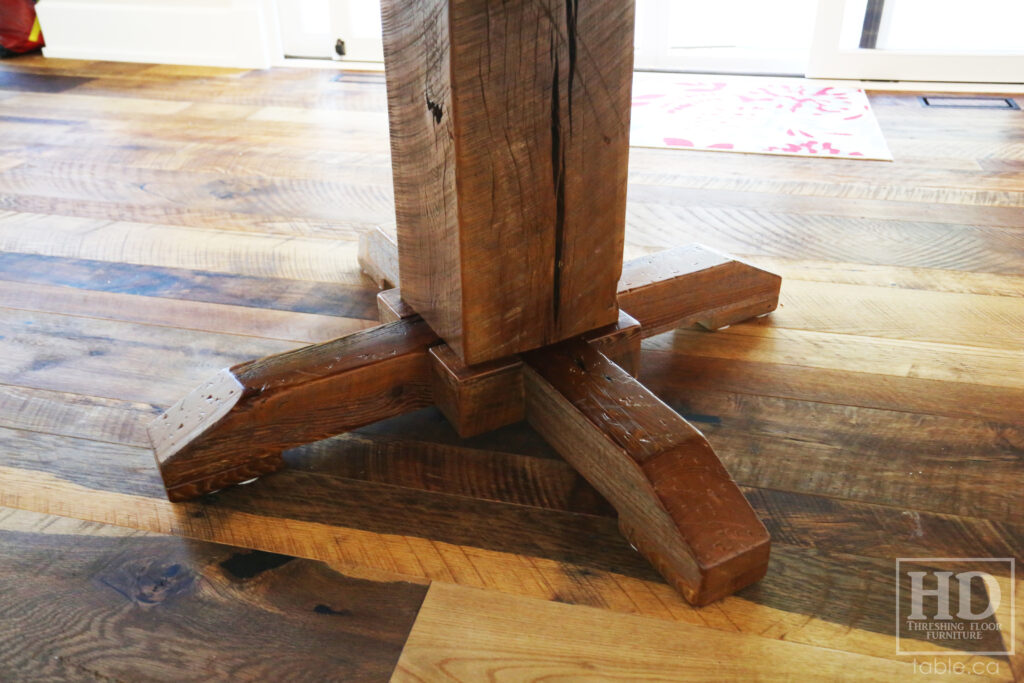 66" Reclaimed Ontario Barnwood Round Table we made for a Bigwin Island Cottage - Hand-Hewn Beam Pedestal Base - Old Growth Hemlock Threshing Floor Construction - Original edges & distressing maintained - Premium epoxy + satin polyurethane finish - www.table.ca