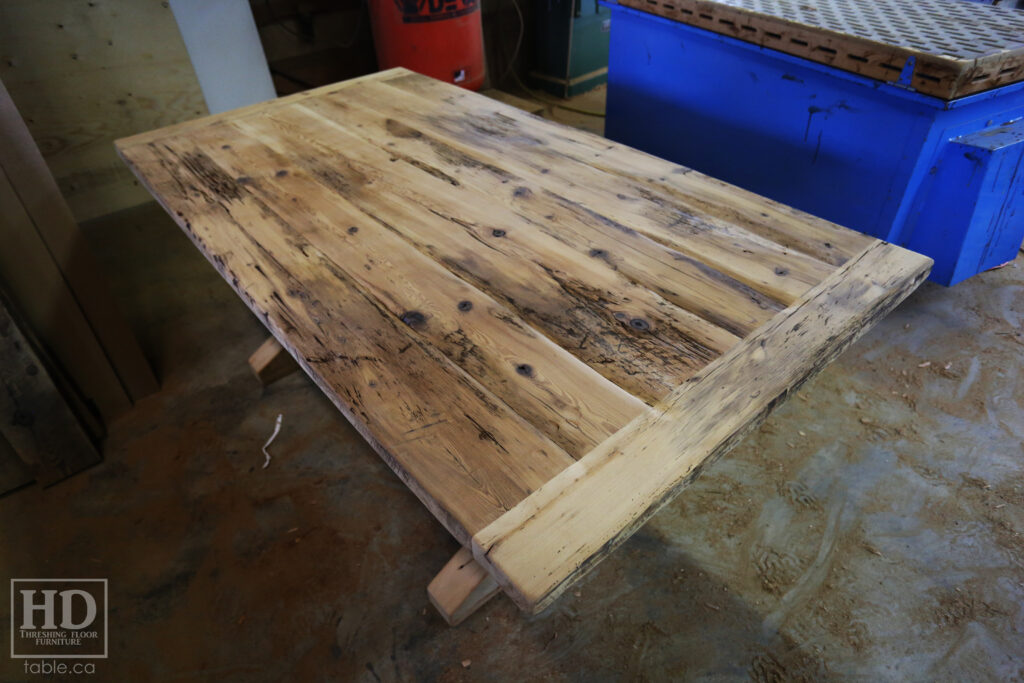 78" Reclaimed Ontario Barnwood Table with Hanging Skirt + Drawer Option - 42" wide - Sawbuck Base - Old Growth Hemlock Threshing Floor Construction - Original edges & distressing maintained - www.table.ca