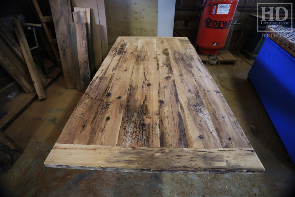 78" Reclaimed Ontario Barnwood Table with Hanging Skirt + Drawer Option - 42" wide - Sawbuck Base - Old Growth Hemlock Threshing Floor Construction - Original edges & distressing maintained - www.table.ca