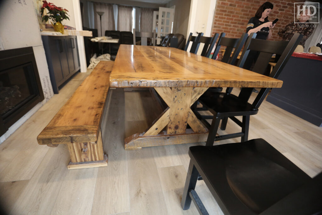 8' Reclaimed Ontario Barnwood Table we made for a Hamilton home - 42" wide - Sawbuck Base - Old Growth Hemlock Threshing Floor Construction - Original edges & distressing maintained - Premium epoxy + matte polyurethane finish - Greytone Option - [6] Plank Back Chairs / Wormy Maple / Black Stained - 8' [matching] Bench - www.table.ca