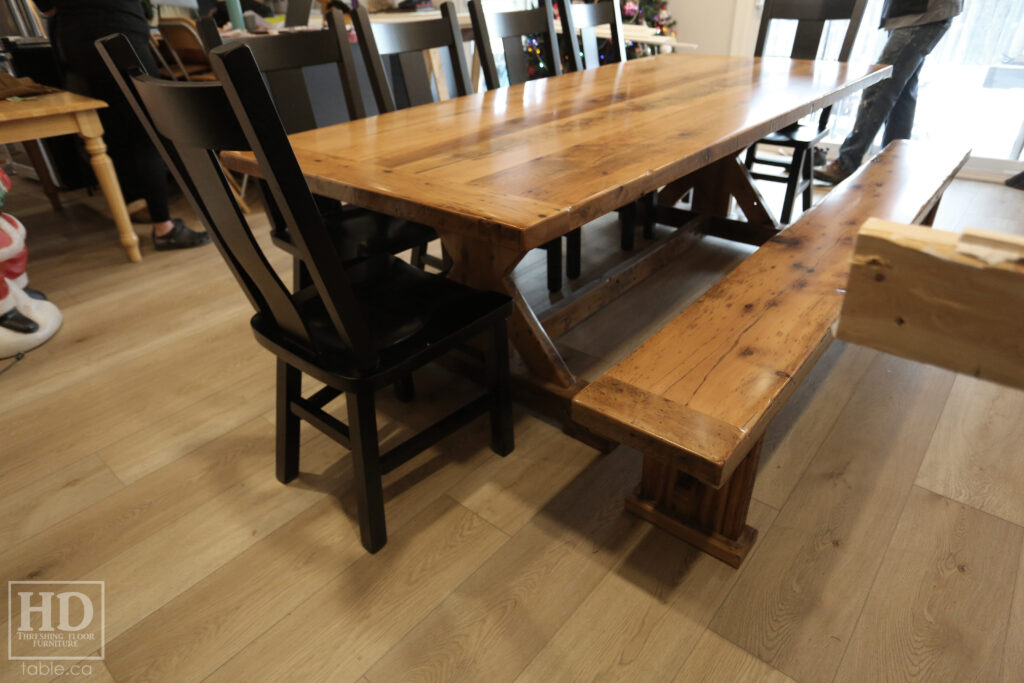 8' Reclaimed Ontario Barnwood Table we made for a Hamilton home - 42" wide - Sawbuck Base - Old Growth Hemlock Threshing Floor Construction - Original edges & distressing maintained - Premium epoxy + matte polyurethane finish - Greytone Option - [6] Plank Back Chairs / Wormy Maple / Black Stained - 8' [matching] Bench - www.table.ca