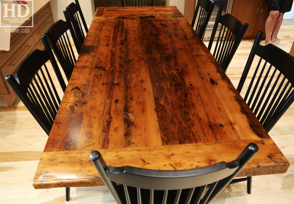84" Reclaimed Ontario Barnwood Table we delivered to a Georgetown home yesterday - 42" deep - Extra thick 3" top option - X Shaped Metal Base [Matte Black] - Old Growth Hemlock Threshing Floor Construction - Original edges & distressing maintained - Premium epoxy + satin polyurethane finish - One 18" Leaf Extension - 8 Buckhorn Chairs / Wormy maple / Painted solid black / Polyurethane clearcoat finish - www.table.ca