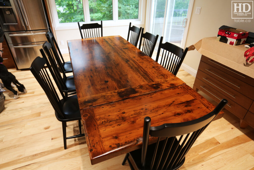 84" Reclaimed Ontario Barnwood Table we delivered to a Georgetown home yesterday - 42" deep - Extra thick 3" top option - X Shaped Metal Base [Matte Black] - Old Growth Hemlock Threshing Floor Construction - Original edges & distressing maintained - Premium epoxy + satin polyurethane finish - One 18" Leaf Extension - 8 Buckhorn Chairs / Wormy maple / Painted solid black / Polyurethane clearcoat finish - www.table.ca