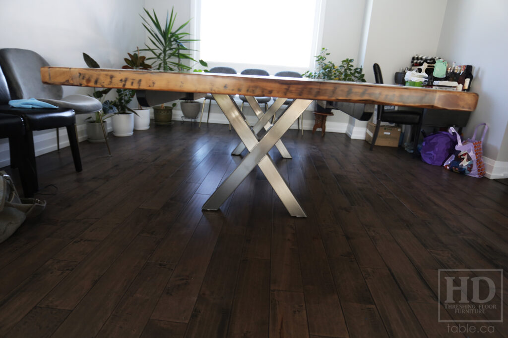 90" Reclaimed Ontario Barnwood Table we made for a Mississauga home - 42" wide - X Shaped Stainless Steel Base - Old Growth Hemlock Threshing Floor Construction - Original edges & distressing maintained - Premium epoxy + satin polyurethane finish - [2] 18" Leaves - www.table.ca