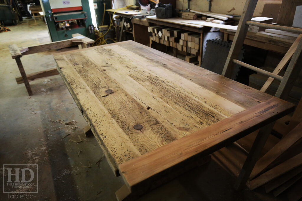 90" Reclaimed Ontario Barnwood Table we made for a Mississauga home - 42" wide - X Shaped Stainless Steel Base - Old Growth Hemlock Threshing Floor Construction - Original edges & distressing maintained - Premium epoxy + satin polyurethane finish - [2] 18" Leaves - www.table.ca