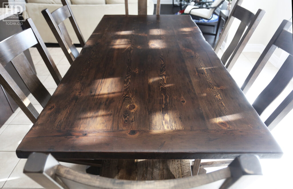 7' Reclaimed Ontario Barnwood Table we made for an Orangville home - 42" wide - Sawbuck Base [Beam Type Option] - Old Growth Hemlock Threshing Floor Construction - Original edges & distressing maintained - Premium epoxy + matte polyurethane finish - Black Stain Option - [6] Plank Back Chairs / Wormy Maple / Black Stained - www.table.ca