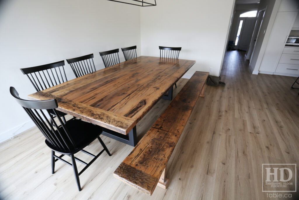 Reclaimed Wood Metal Base Table & Bench & Shaker Chairs we made for a St. Jacobs home - Old Growth Hemlock Threshing Floor Construction - Original edges & distressing maintained - [Matching] Bench - 6 Shaker Chairs / Wormy Maple / Painted Solid Black - www.table.ca